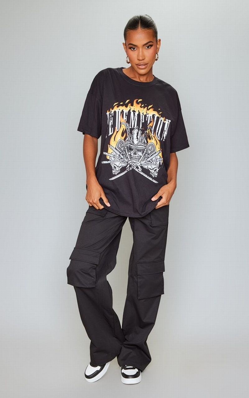 Tricouri Pretty Little Thing Redemption Flame Print Oversized Negrii | CEHJ73569