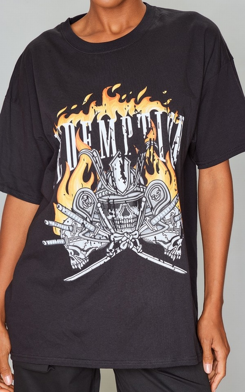 Tricouri Pretty Little Thing Redemption Flame Print Oversized Negrii | CEHJ73569