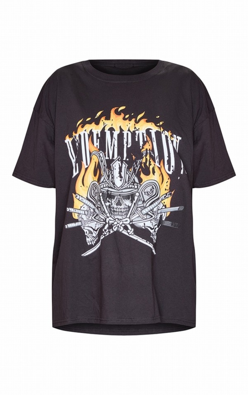 Tricouri Pretty Little Thing Redemption Flame Print Oversized Negrii | CEHJ73569