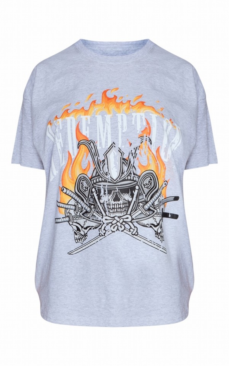 Tricouri Pretty Little Thing Redemption Flame Print Oversized Gri | TMIC08765