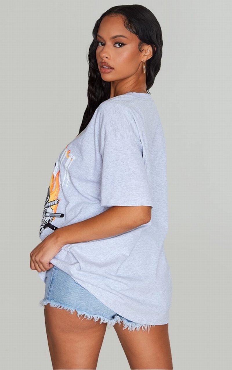 Tricouri Pretty Little Thing Redemption Flame Print Oversized Gri | TMIC08765
