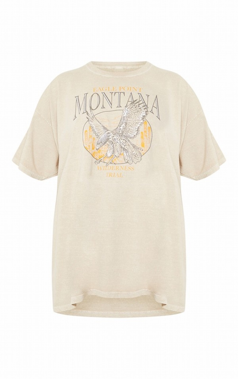 Tricouri Pretty Little Thing Sand Montana Logo Oversized Washed Maro | BOWJ91302