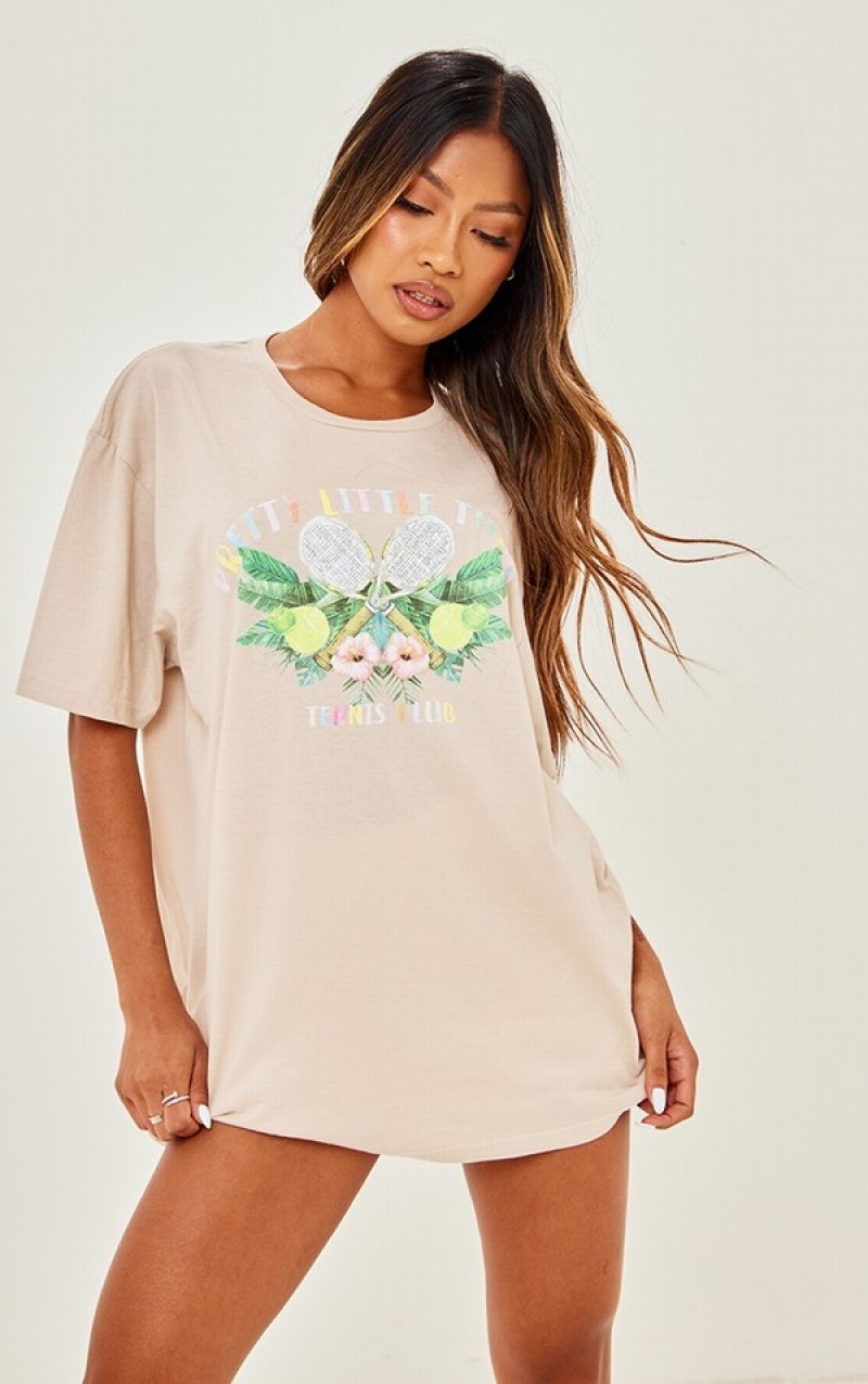 Tricouri Pretty Little Thing Stone Floral Tenis Club Print Oversized Gri | ISJF20354