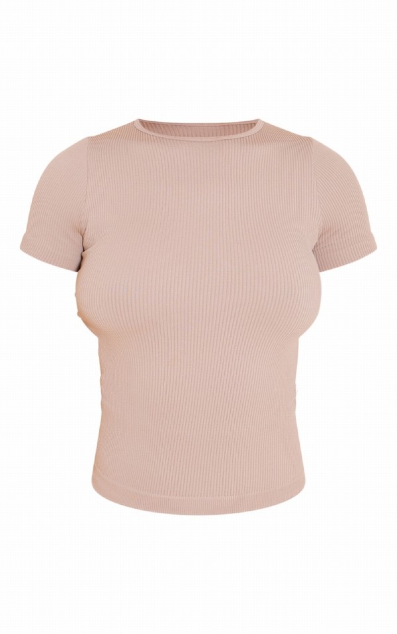 Tricouri Pretty Little Thing Stone Snatched Rib Longline Tshirt Gri | FRCY45397