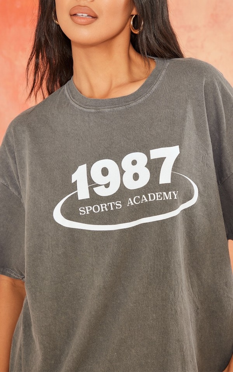 Tricouri Pretty Little Thing Stone Washed 1987 Sports Academy Printed Gri | SNJF40823