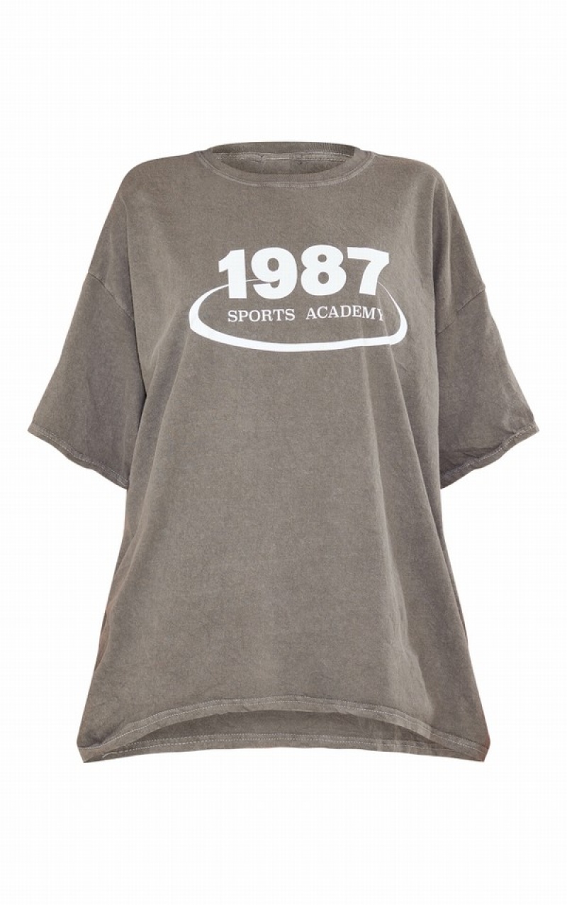 Tricouri Pretty Little Thing Stone Washed 1987 Sports Academy Printed Gri | SNJF40823
