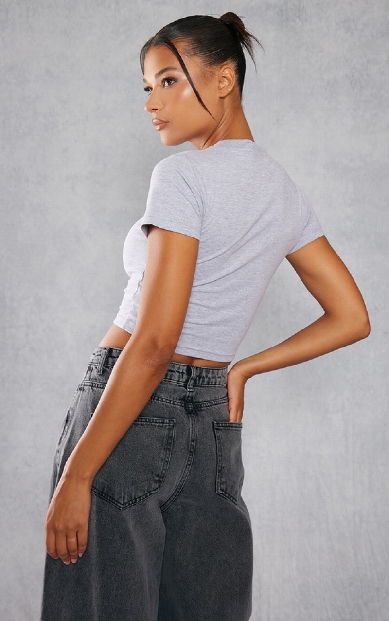 Tricouri Pretty Little Thing Studio Mode Printed Fitted Crop Gri | XPLB38179