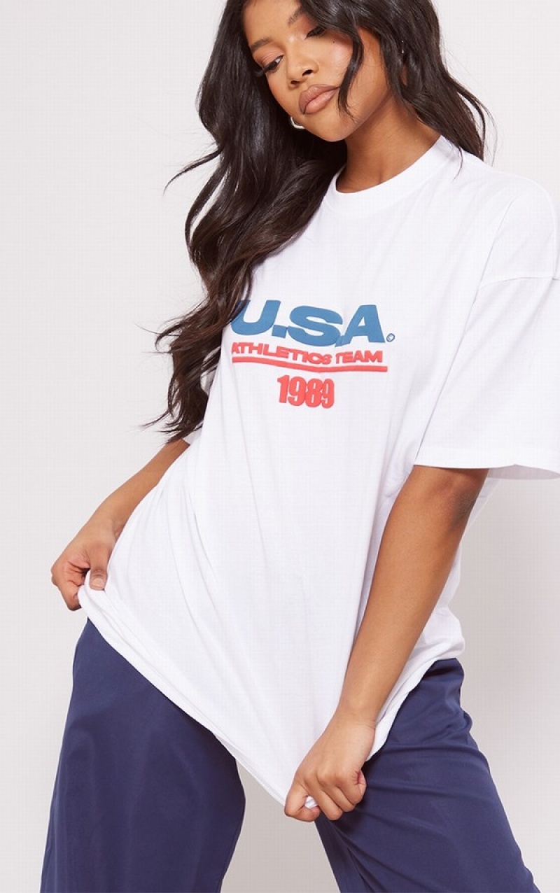 Tricouri Pretty Little Thing USA Athletics Print Albi | GEDW01243
