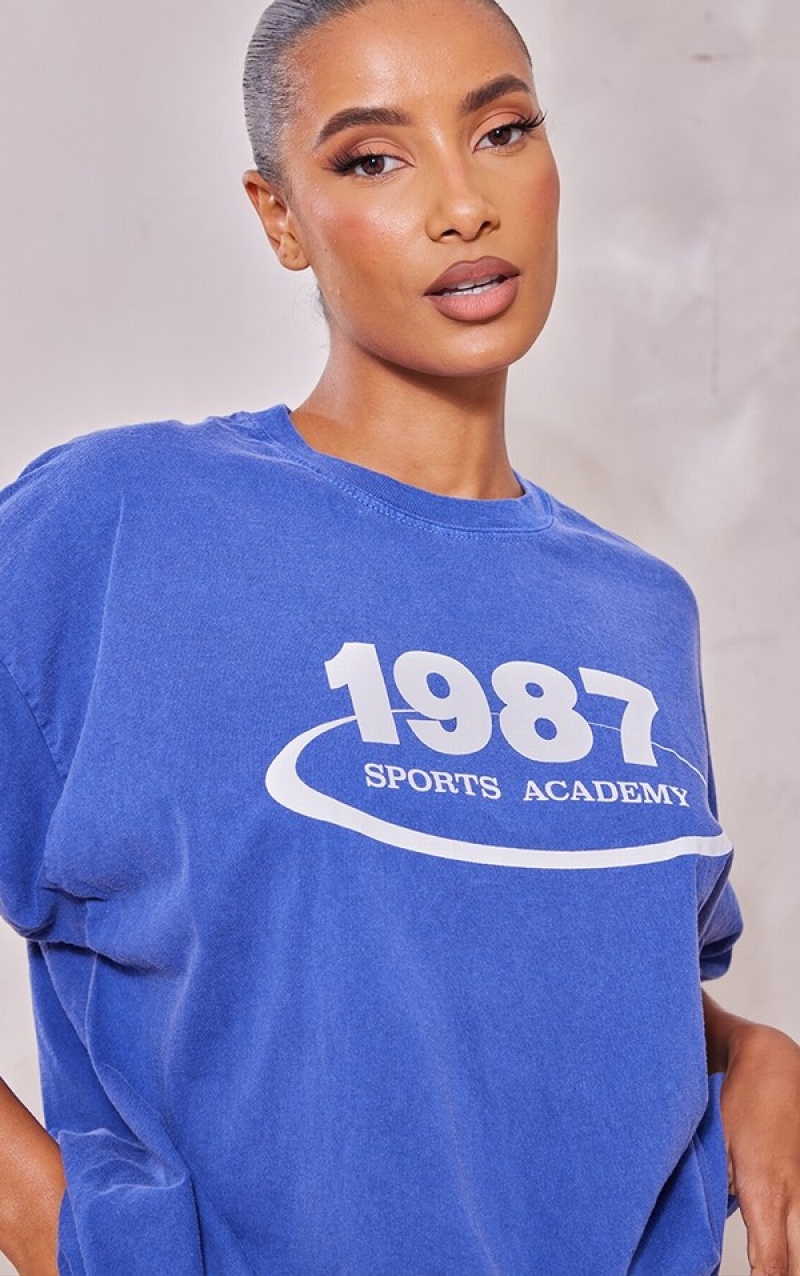 Tricouri Pretty Little Thing Washed 1987 Sports Academy Printed Bleumarin | KCTY41586
