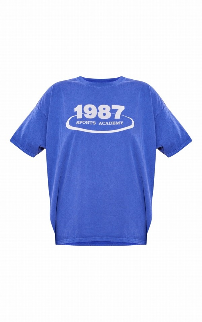 Tricouri Pretty Little Thing Washed 1987 Sports Academy Printed Bleumarin | KCTY41586