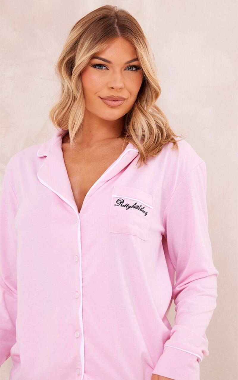 Îmbrăcăminte De Dormit Pretty Little Thing EmbroideJersey Piping Detail Long PJ Roz | WUSA52074
