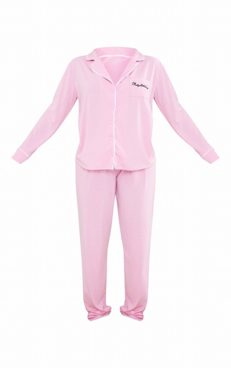 Îmbrăcăminte De Dormit Pretty Little Thing EmbroideJersey Piping Detail Long PJ Roz | WUSA52074
