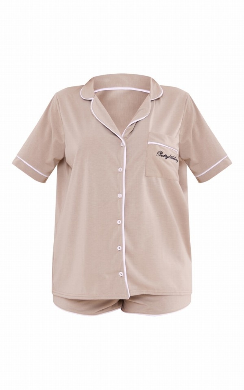 Îmbrăcăminte De Dormit Pretty Little Thing Sand EmbroideJersey Piping Detail PJ Maro | CZKQ03796
