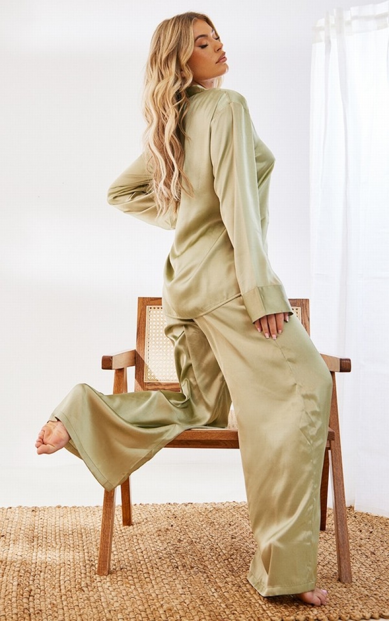 Îmbrăcăminte De Dormit Pretty Little Thing Sage Satin Oversized Long Pj Masline Verzi Verzi | BQLH36587