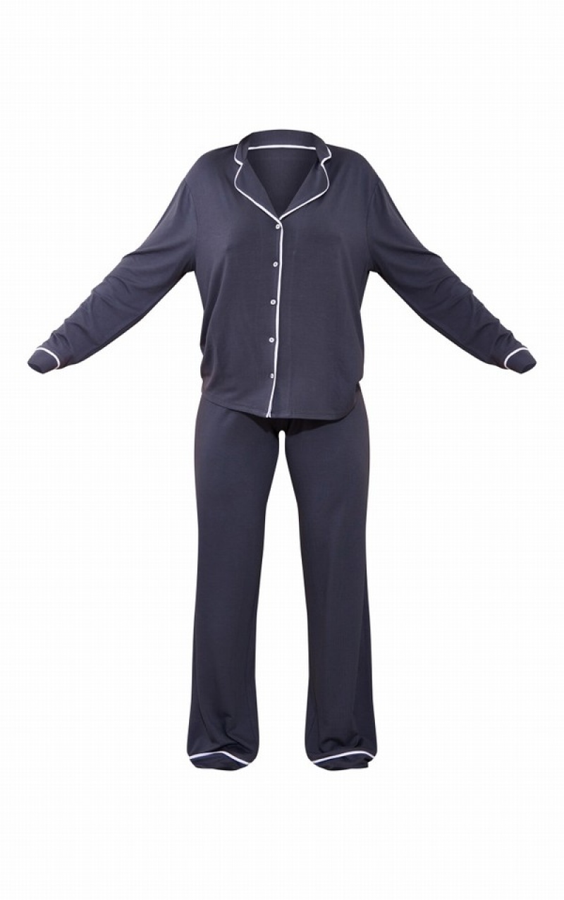 Îmbrăcăminte De Dormit Pretty Little Thing Charcoal Oversized Jersey Piping Detail Long Pj Gri | NVOK16958