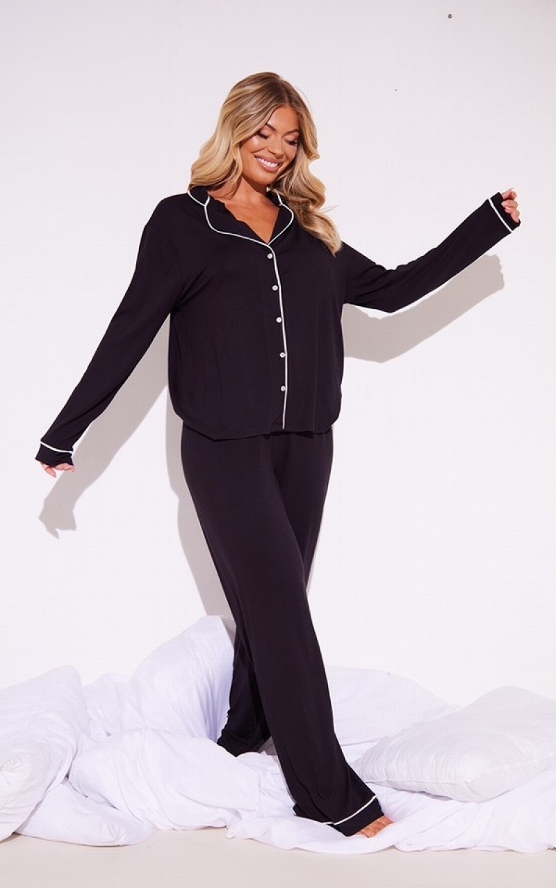 Îmbrăcăminte De Dormit Pretty Little Thing Oversized Jersey Piping Detail Long PJ Negrii | DYLJ74381