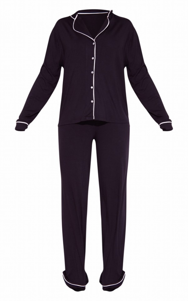 Îmbrăcăminte De Dormit Pretty Little Thing Oversized Jersey Piping Detail Long PJ Negrii | DYLJ74381
