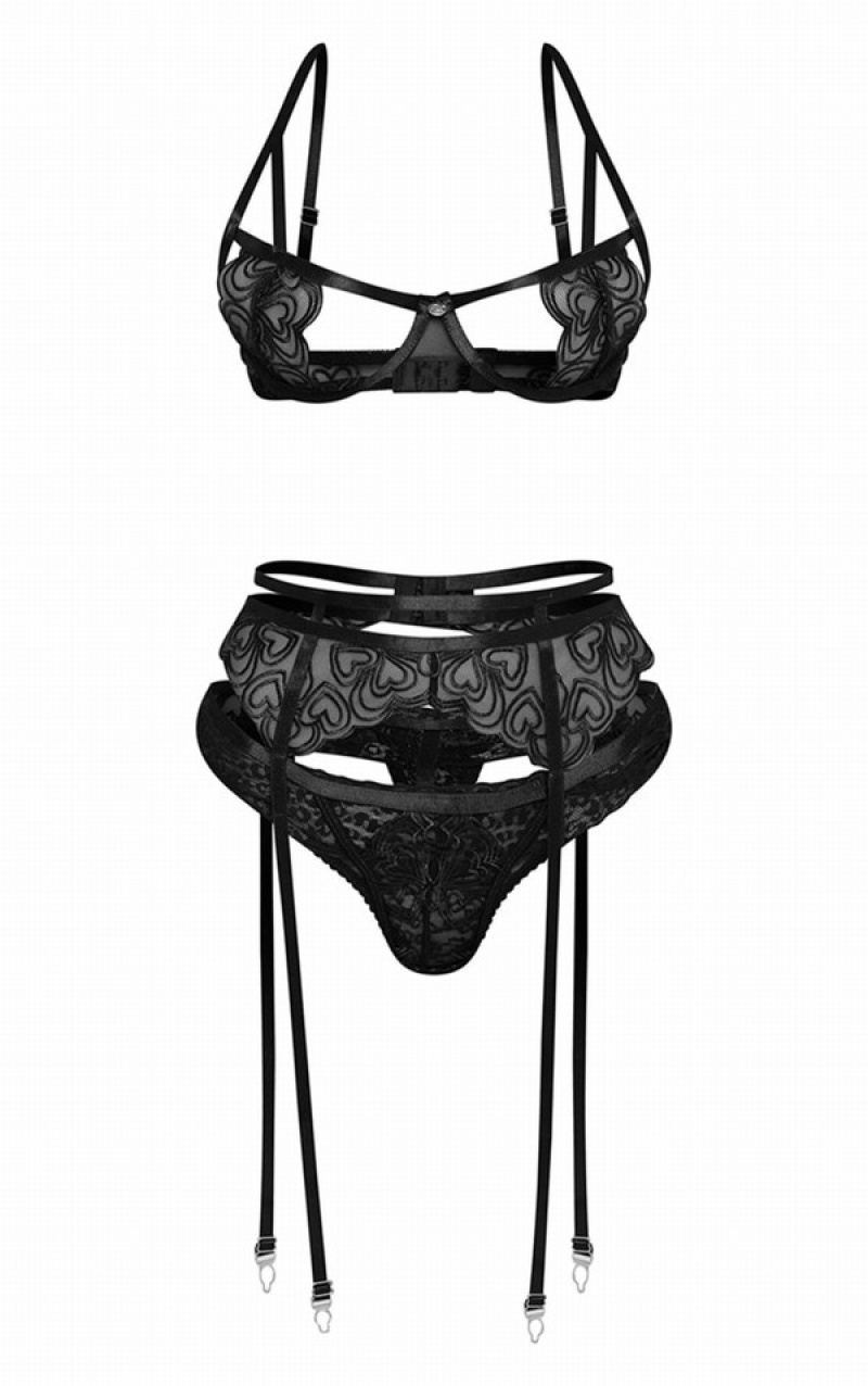 Îmbrăcăminte De Dormit Pretty Little Thing Heart EmbroideLace 3 Piece Negrii | RGMJ72801