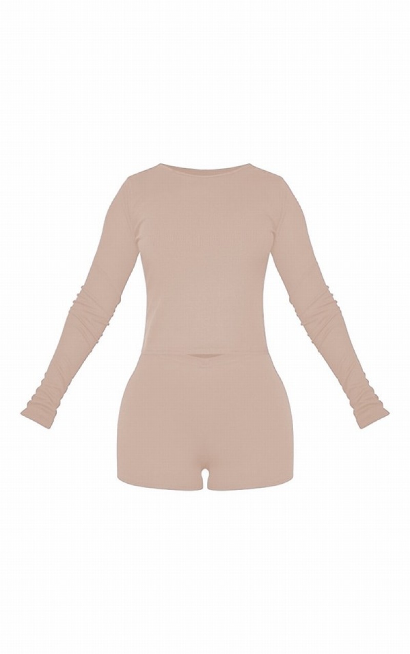 Îmbrăcăminte De Dormit Pretty Little Thing Sand Soft Rib Long Sleeve And PJ Maro | FIWA96280