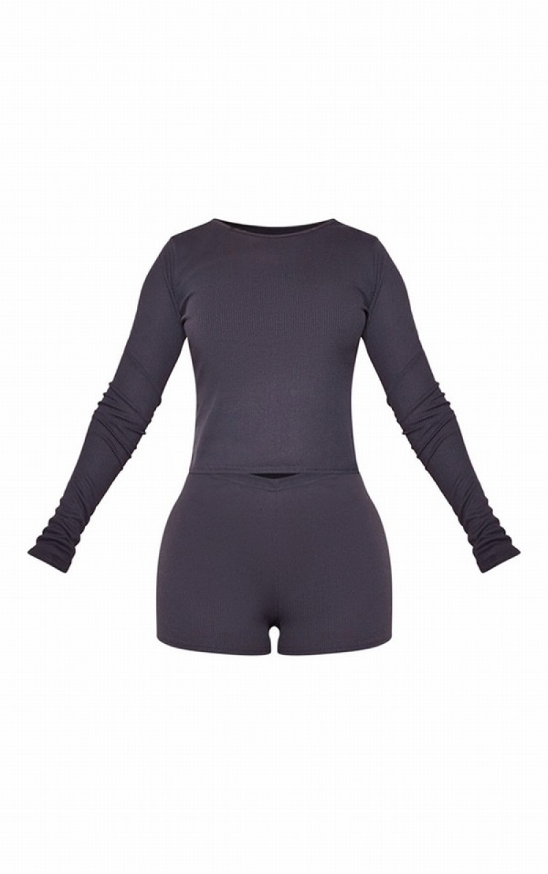 Îmbrăcăminte De Dormit Pretty Little Thing Charcoal Soft Rib Long Sleeve And Pj Gri | KYXV92138